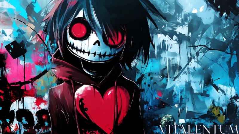 Grinning skull figure with red heart in abstract chaos.