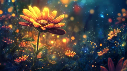 Glowing Daisy Field with Luminous Particles in Digital Night Landscape