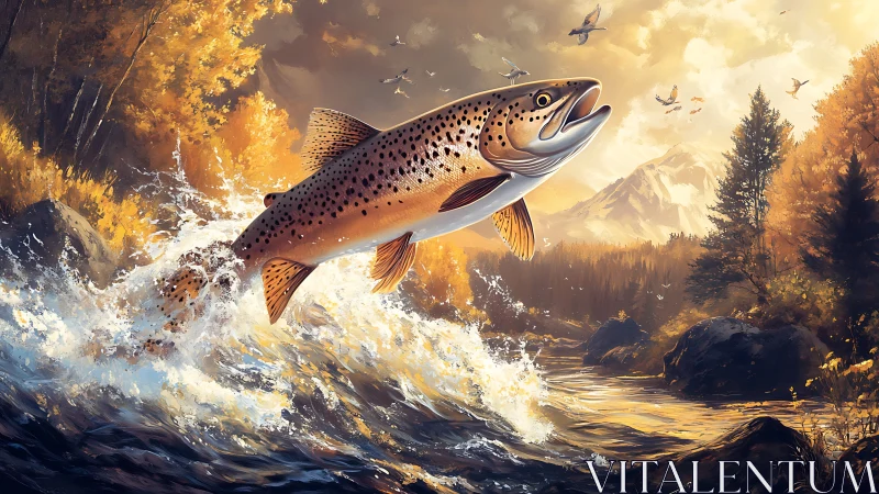 Brown trout leaps through golden river under autumn sky.