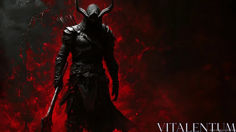 Shadowed dark knight strides through swirling crimson fire