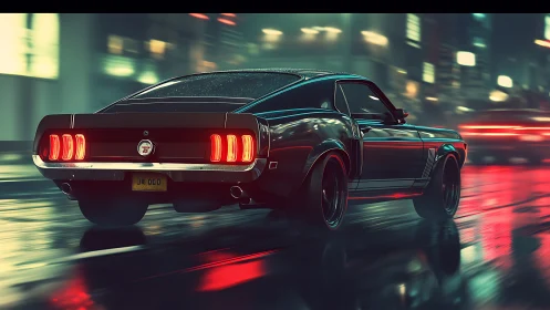 Classic muscle car racing through neon city at night.