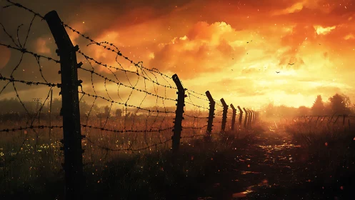 Barbed wire perimeter at sunset with burning amber sky glow.