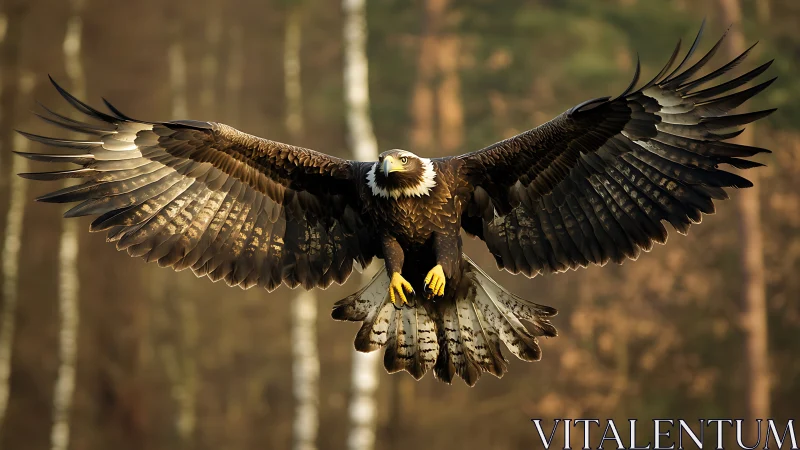 Majestic eagle in flight with wings spread wide, nature photography.