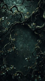 Twisting forest vines curl around a shadowed emerald wall.