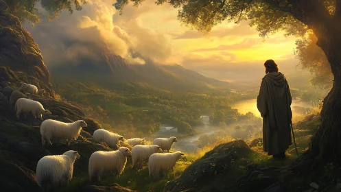 Shepherd watches sunlit valley flock at golden sunset.