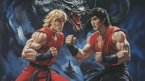 Martial duel under serpentine dragon in dynamic digital painting.