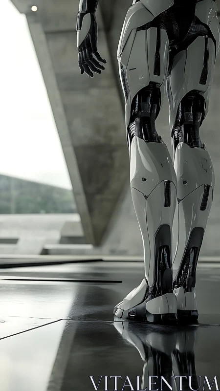 Futuristic humanoid robot stands in minimal concrete atrium.