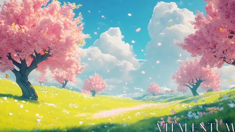 Digital painting of luminous cherry grove with drifting petals.