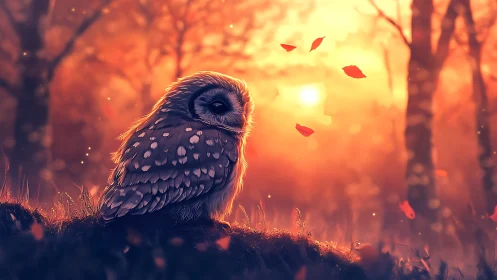 Dreamy Autumn Owl in Sunset Forest, Digital Art Illustration.