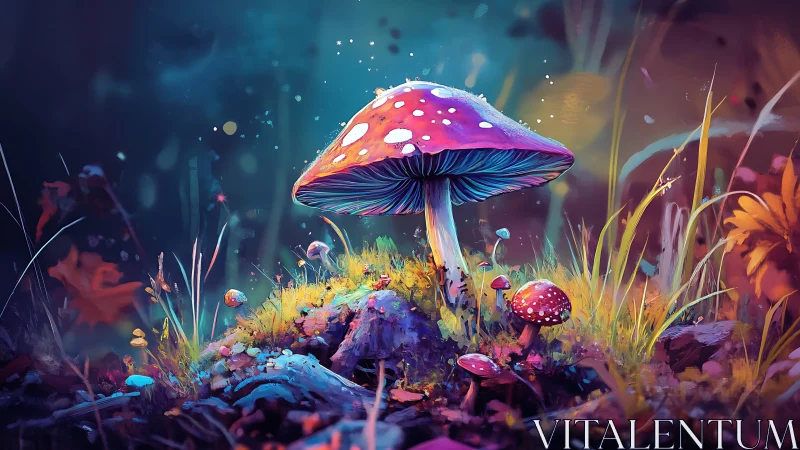 Glowing forest mushrooms in a dreamy neon twilight meadow.