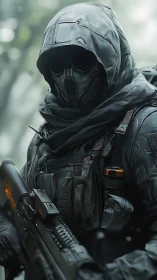 Stealth operative in tactical hood with futuristic rifle.