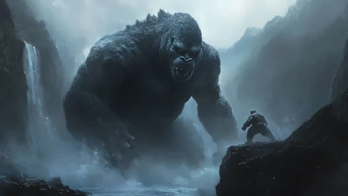 Titan ape storms misty canyon to confront lone warrior.
