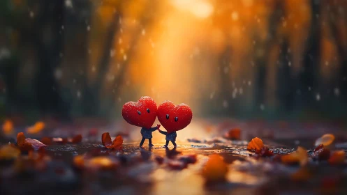 Two figures sharing giant red hearts in autumn light.