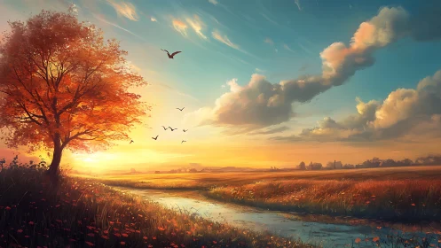 Sunset over autumn field with river and distant farm.