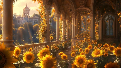 Sunlit stone gallery filled with sunflowers and distant tower.