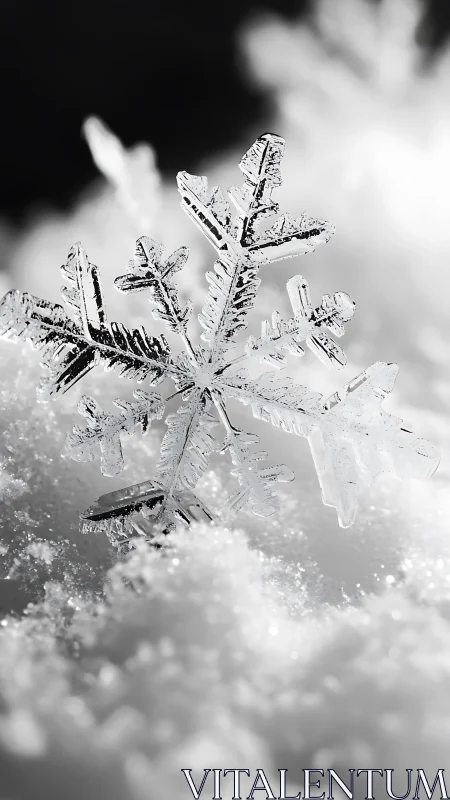 Crystal snowflake poised on a luminous winter dreamscape.