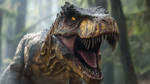 Roaring carnivorous dinosaur lunges through misty jungle