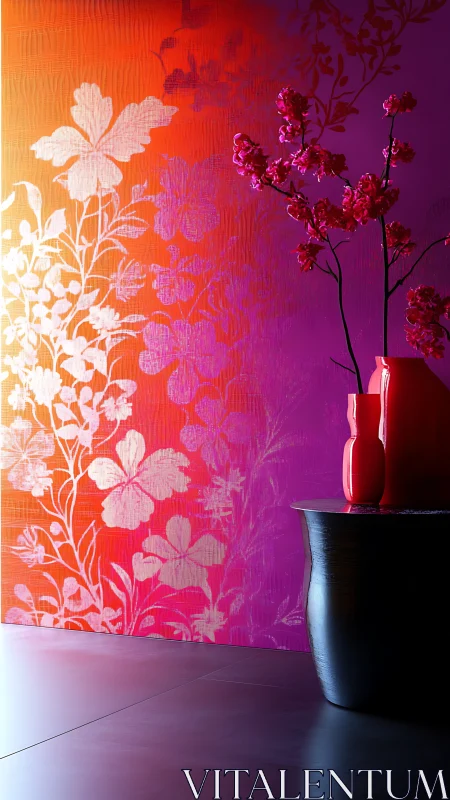 Floral gradient wall meets red vases on dark sculpted table