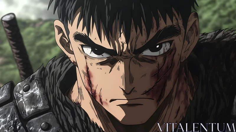 Animated warrior character with facial scars stares forward