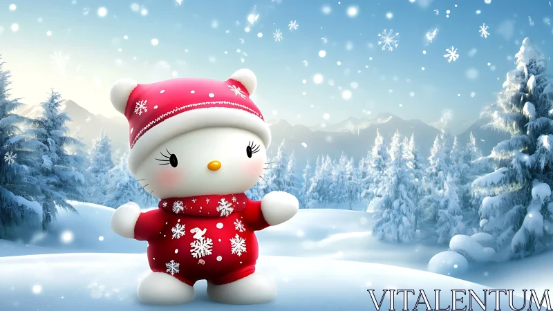 Cartoon cat figure stands in snowy winter forest landscape