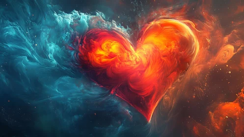 Luminous heart form with opposing red-orange and cyan fluid dynamics