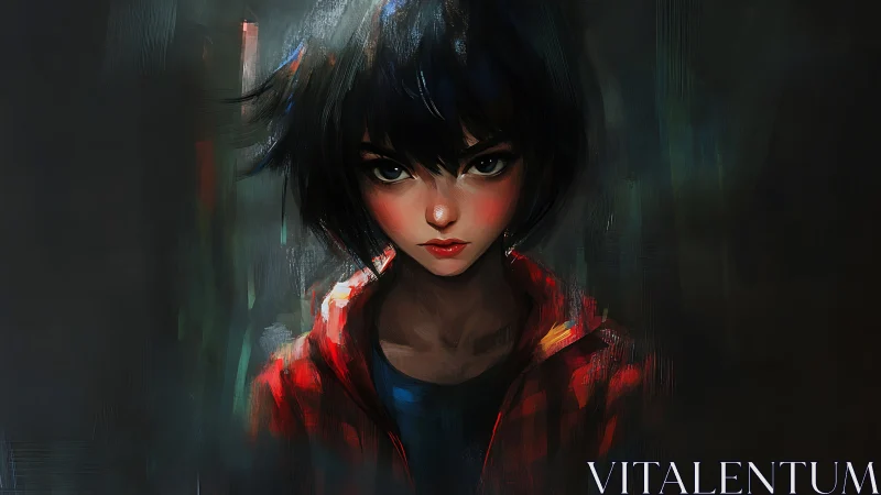 Fierce young heroine gazes forward with bold painted light