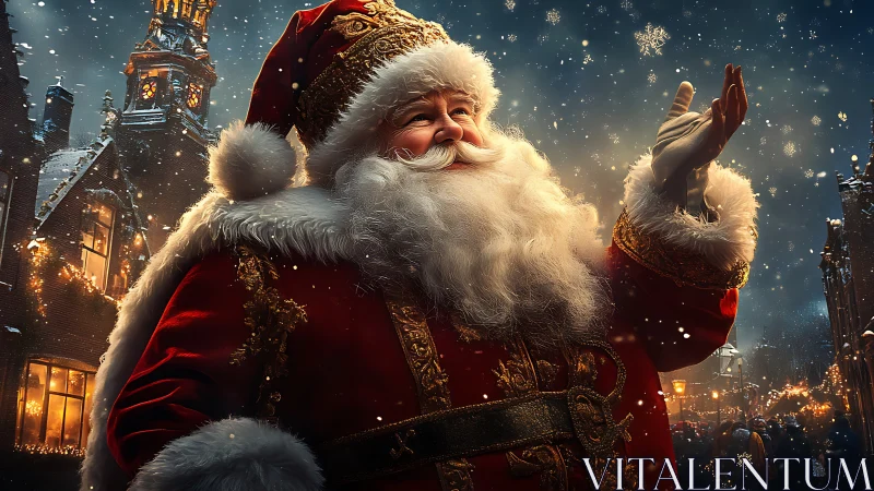 Regal Santa in snowfall with illuminated festive village backdrop.