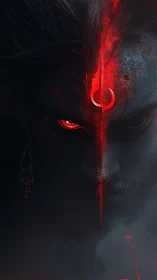 Dark demonic face split by glowing red fiery sigil.