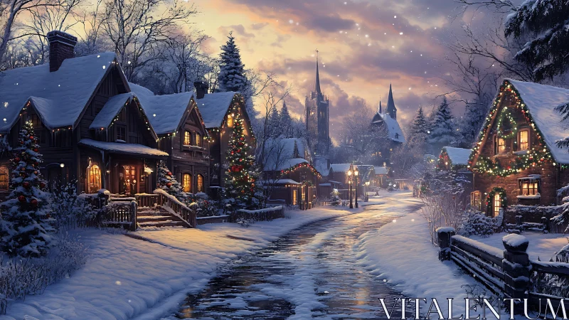 Snowy Christmas village street glowing with cozy lights.