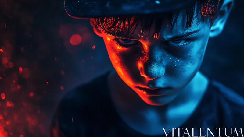 Bicolor rim-lit boy portrait with dramatic chiaroscuro contrast.