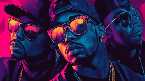 Neon city legends in mirrored shades and electric shadows.