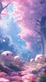 Cartoon mushrooms in pink blossom forest path scene.
