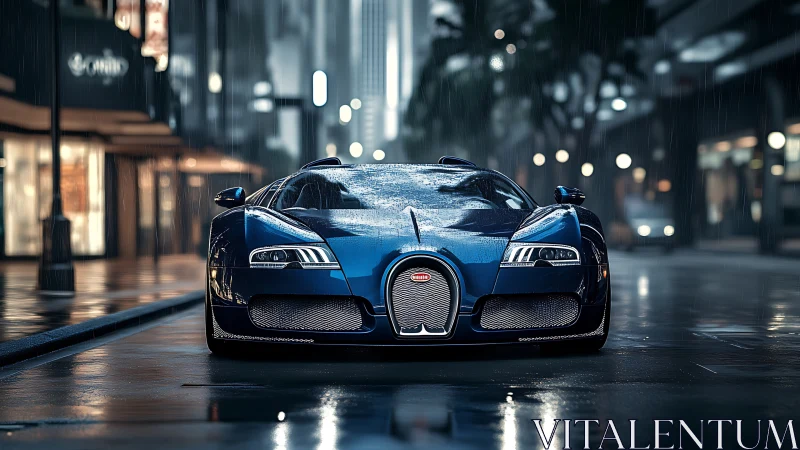 Blue hypercar on wet urban street at night in rainfall.