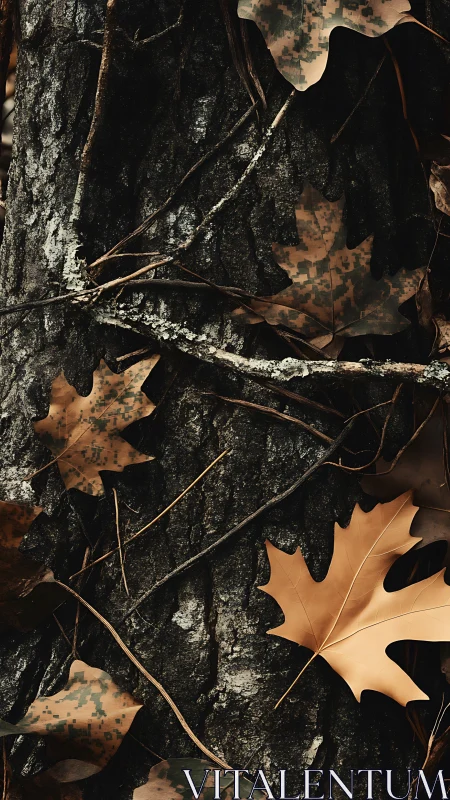 Dry oak leaves lie on dark tree bark with digital patterns