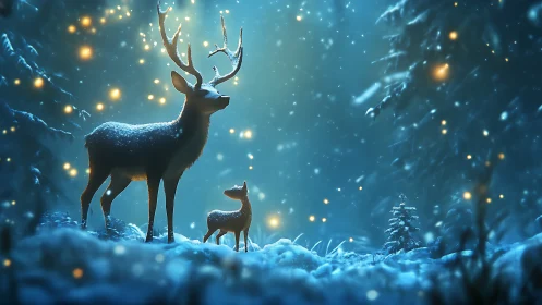 Wintry deer family pauses under softly glowing forest lights