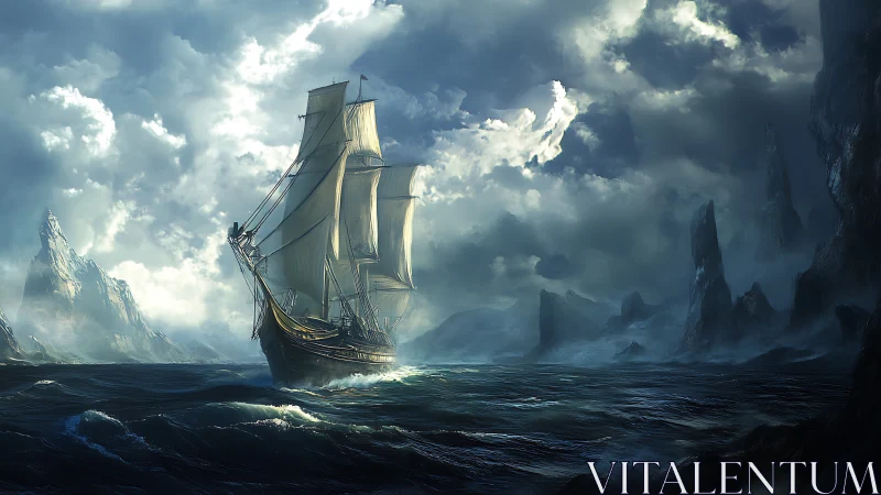 Storm‑haunted galleon carving moonlit paths through cliffs.