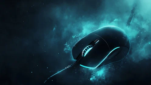 Futuristic wired gaming mouse with cyan neon edge lighting.
