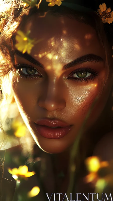 Sunlit wildflower muse gazes through petals and golden dust