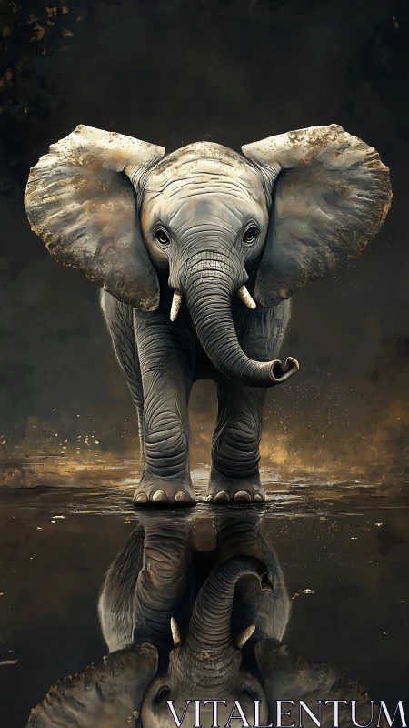 Gentle young elephant meeting its mirrored reflection.