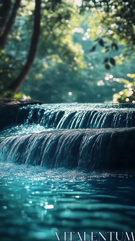 Silken forest cascade glows in turquoise morning hush.