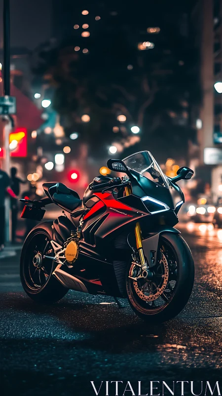 Sport motorcycle glows against neon city nightlife backdrop.