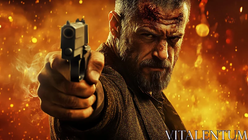 Tense action hero holds his aim against blazing chaos