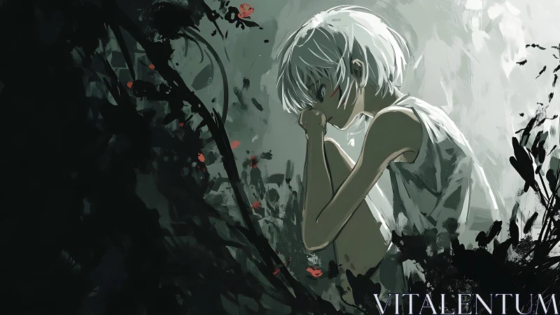 Quiet silver‑haired girl rests thoughtfully in shadowed thorns