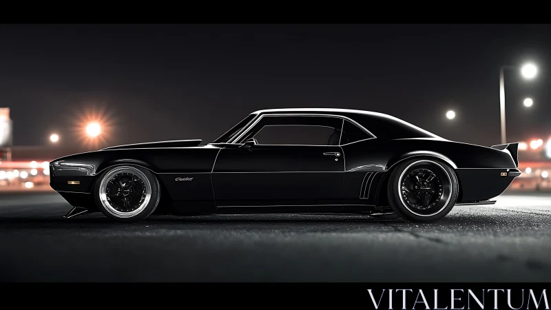 Low-slung black muscle car poised under urban night lights.