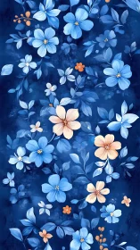 Blue Botanical Composition with Warm Accent Florals.