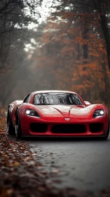 Red sports car on forest road in overcast autumn weather.