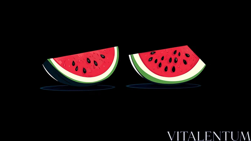 Two bright watermelon slices on black background illustration.