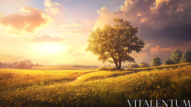 Golden meadow sunset welcomes a quiet tree and soft path