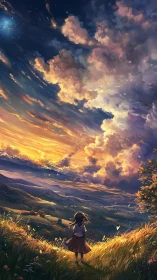 Storm-lit clouds unfurl while a lone girl greets the glowing valley