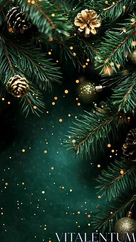 Evergreen branches frame glittered pinecones and baubles